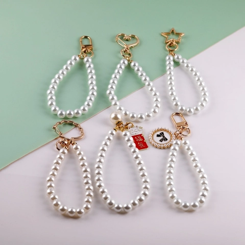 Round Glass Artificial Pearl Beaded Keychain Phone Strap For Bag Charm Alloy Heart Star Pendant Hand Wrist Chain