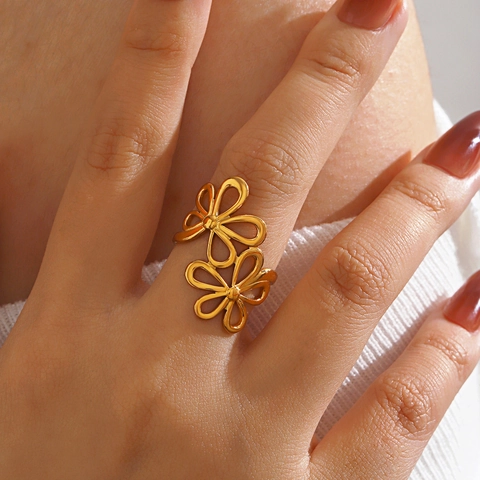 Bague Fleur En Acier Inoxydable Double Motif Floral Ajouré Ouverte Réglable Bijoux Chic Pour Femmes