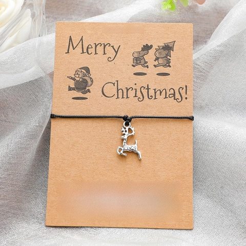 Christmas Wish Bracelet Alloy Pendant Handmade Woven Wax Cord Adjustable Rope Holiday Gift For Friends Kids Novelty