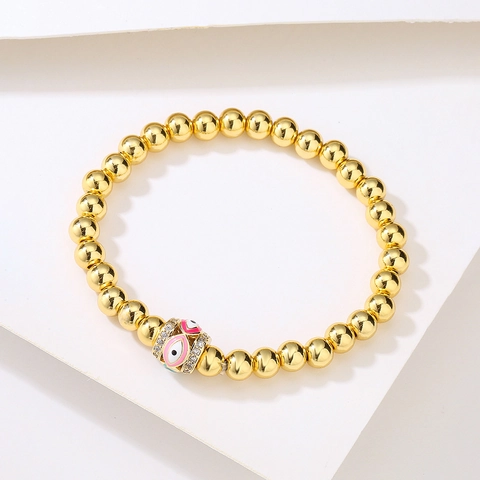 Bracciale Con Perline Malocchio Ottone Placcato Oro 18K Zircone Smalto Ciondolo Portafortuna Protezione Per Donna