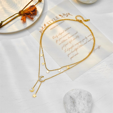 Double Layer Titanium Steel Necklace With White Shell Star Moon Pendant Tassel Elegant Clavicle Chain For Women