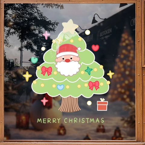 Christmas Window Stickers Static Cling PVC Santa Claus Christmas Tree Double Sided Festive Glass Door Decals Shop Home Decoration