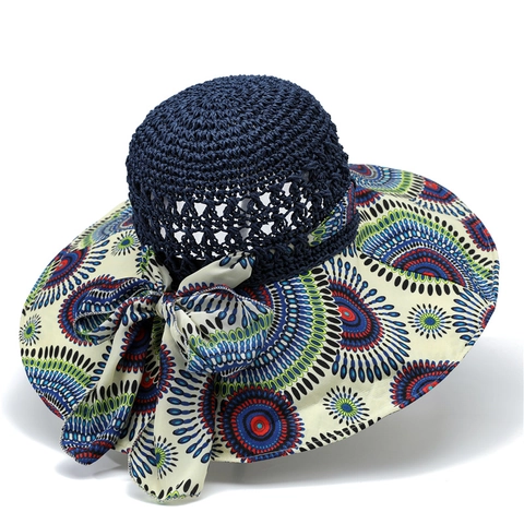 Women Sun Hat Bohemian Paisley Print Wide Brim Straw Woven Breathable Beach Vacation Summer Foldable Bow Decor
