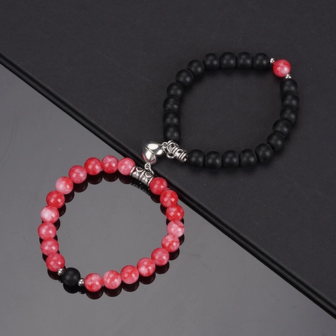 Natural Stone Heart Magnetic Couple Bracelets For Women Men Matte Black Lava Rock Tiger Eye Beads Relationship Jewelry