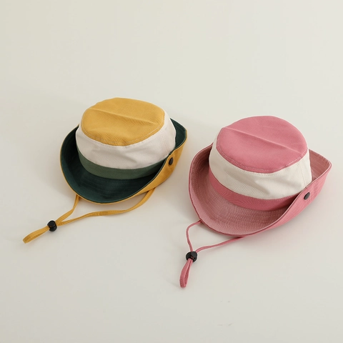 Kids Bucket Hat Cotton Canvas Color Block Sun Protection With Adjustable Windproof Strap For Toddlers Boys Girls