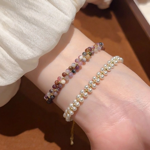 Double Layer Beaded Bracelet With Artificial Pearls And Natural Stones Hand-Made Vintage Court Style For Women Adjustable Length