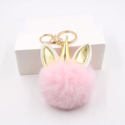 Lindo Llavero de Bola de Peluche de Unicornio Colgante de Pompón de Piel Sintética Con Cuerno Oreja Oro Para Bolsos Llaves Niñas