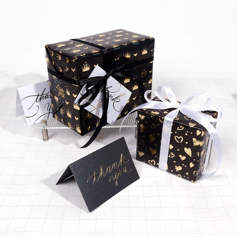Black Gold Foil Gift Wrapping Paper Roll Bronzing Coated Paper Polka Dot Crown Heart Luxury Birthday Wedding Holiday Party