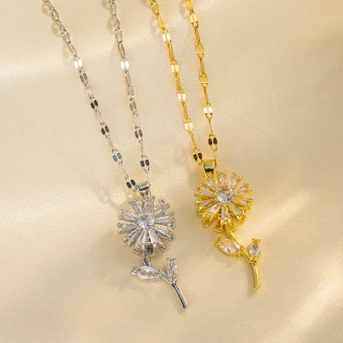 Mode Titaniumstaal Draaibaar Zonnebloem Hanger Ketting Voor Vrouwen Goud Zilver Verguld Strass Ingelegd Sieraden
