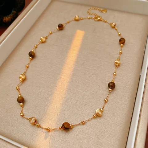 Tiger Eye Beaded Necklace Gold Plated Copper Vintage Maillard Minimalist Jewelry Women Luxury Elegant Adjustable Chain