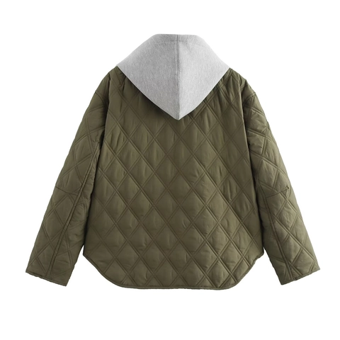 Giacca Trapuntata Da Donna Con Cappuccio Verde Militare Cappuccio Grigio A Contrasto Leggera Casual Abbottonata Cappotto