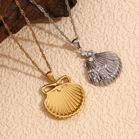 Shell Scallop Pendant Necklace Stainless Steel 18K Gold Plated Inlaid Starfish Bowknot Rhinestone Fashion Jewelry For Women
