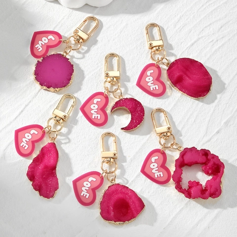 Llavero Geométrico Irregular De Resina Colgante Corazón Borde Dorado Imitación Piedra Accesorio De Bolso Romántico