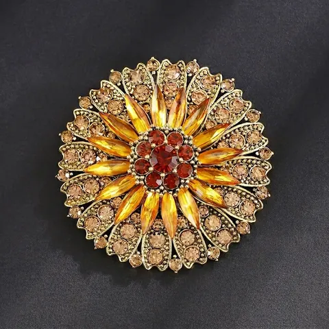 Vintage Sunburst Flower Brooch For Women Alloy Rhinestone Baroque Style Floral Elegant Exaggerated Clothing Accessory