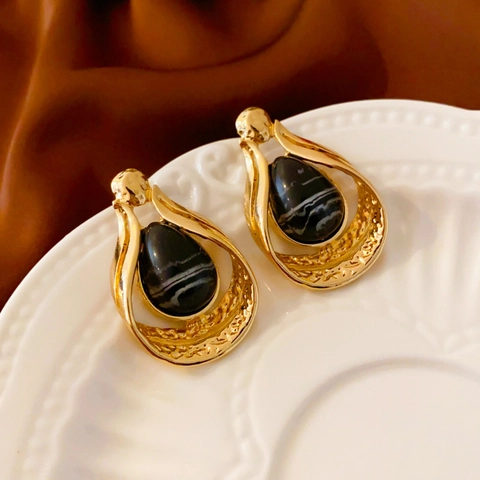 Vintage French Style Water Drop Faux Agate Earrings With Silver Earring Post Alloy Geometric Gold Plated For Women