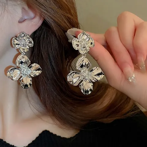 Boucles D'Oreilles Fleurs Avec Tige En Argent Sterling 925 Alliage Texture Plissée Doubles Pétales Élégantes Femmes
