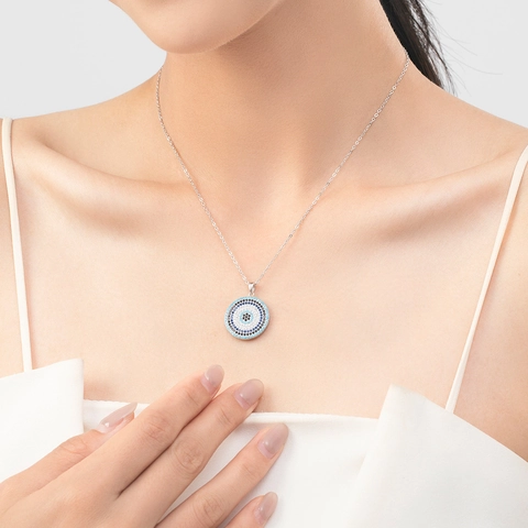 925 Sterling Silver Evil Eye Necklace For Women Round Pave Turquoise Zirconia Pendant Vintage Lucky Jewelry Charm