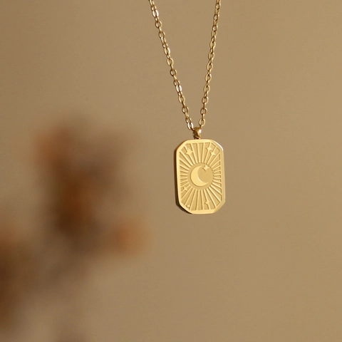 Moon Sun Star Embossed Rectangle Pendant Necklace 18K Gold Plated Titanium Steel Bohemian Retro Jewelry For Women