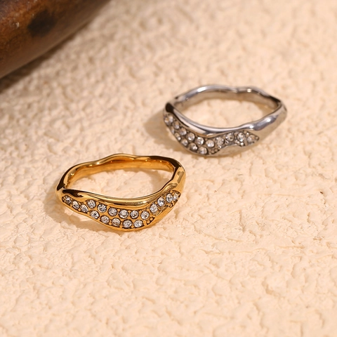 Irregular Wave Ring Stainless Steel 18K Gold Plated Zircon Inlaid Geometric Niche Elegant Jewelry For Women