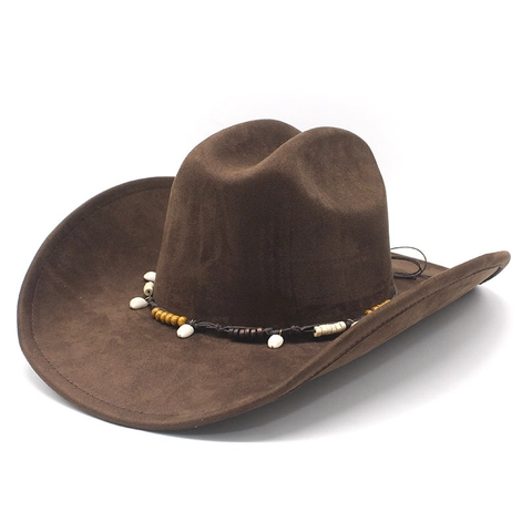 Vintage Western Cowboy Hat Suede Felt Wide Brim Ethnic Bead Shell Decorative Band Jazz Fedora For Travel