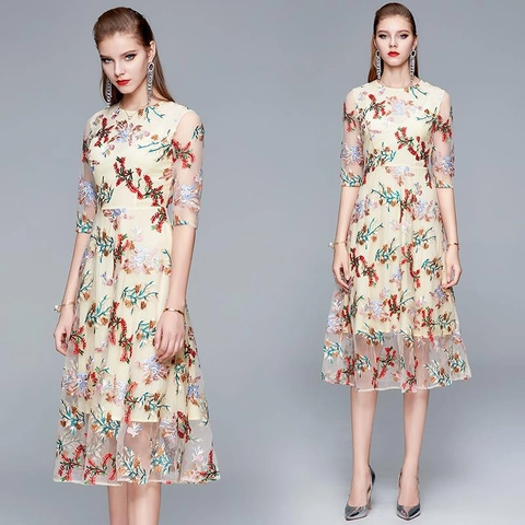 Abito Midi Elegante Da Donna Con Ricamo Floreale In Rete Mezze Maniche Girocollo Vita Alta Albicocca Retro Festa