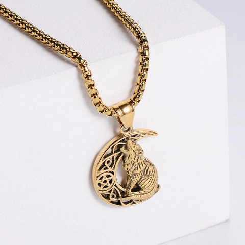 Wolf Moon Pendant Necklace 304 Stainless Steel Viking Nordic Punk Gothic Hollow Out Pentagram Jewelry For Men Women