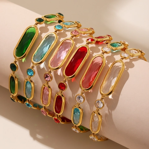 Stainless Steel Bracelet With Oval Round Cut Colorful Czech Glass Stones Gold Plated Adjustable Fashion Jewelry For Women