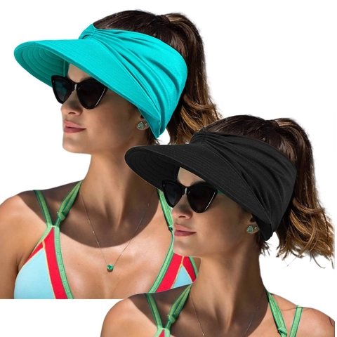 Women Empty Top Sun Visor Hat Pleated Knitted Nylon Foldable Wide Brim UV Protection Outdoor Sports Beach Travel
