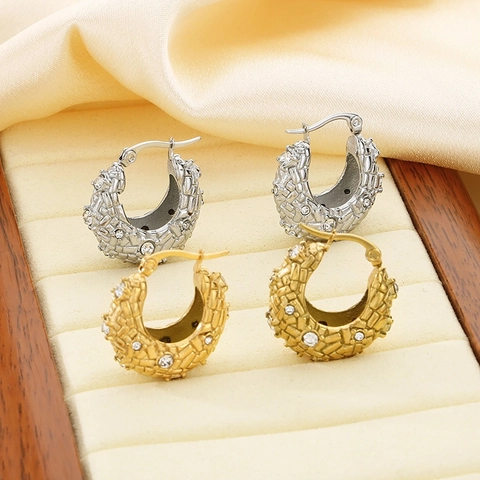 Pendientes De Aro De Acero Inoxidable Chapado En Oro De 18K Con Diamantes De Imitación Textura Tejida Vintage Para Mujer