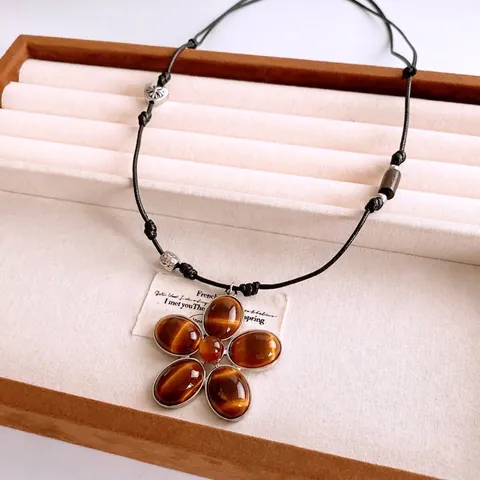 Collana Pendente Fiore Vintage Stile Occhio Di Tigre Resina Regolabile Corda Nera Boho Etnica Catena Maglione Lunga Donne