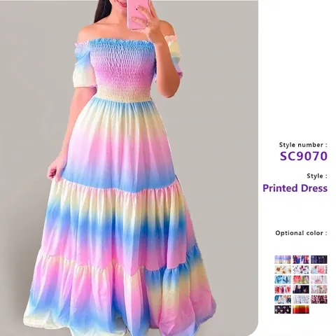 Women Off-Shoulder Smocked Maxi Dress Summer Floral Print Tiered Ruffle Beach Boho Long Dress Casual Holiday Party Dress