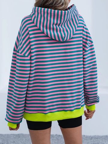Sudadera Con Capucha A Rayas Para Mujer Bloque De Color Manga Larga Ajuste Holgado Pullover Con Bolsillo Canguro