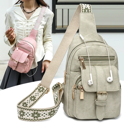 Vintage PU Leder Brusttasche Damen Multi Tasche Crossbody Sling Tasche Mit Ethno Breitem Gurt Kopfhörerloch Lässig