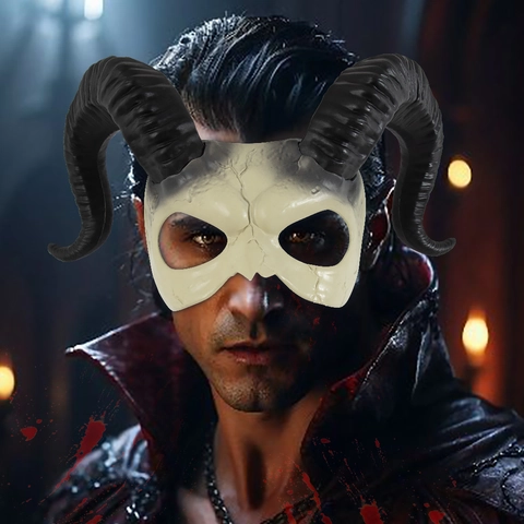 Devil Ram Horn Mask Halloween Skull Half Face Masquerade Cosplay Costume Props Plastic White Black Spiral Horns