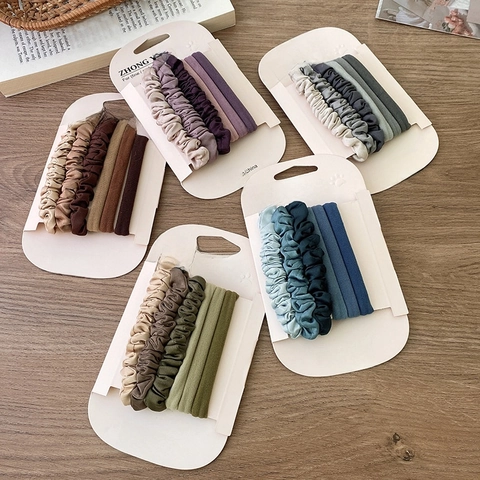 Korean Style Minimalist Morandi Color Hair Ties Set Ruched Satin Scrunchies And Elastic Towel Hair Rings For Women Accessories