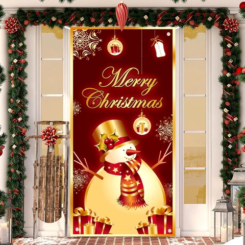 Kerst Deurvlag Banner Polyester Gouden Sneeuwpop Print Feestelijke Tuin Ophangdecoratie