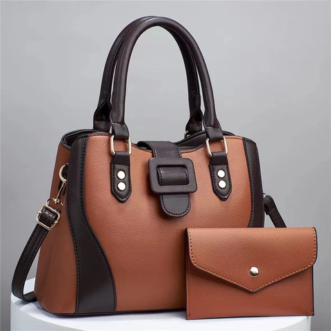 Bolso De Mano Y Cartera De Cuero PU Con Patrón De Lichi Color En Contrasτε Gran Capacidad Bolso De Hombro Retro Mujer