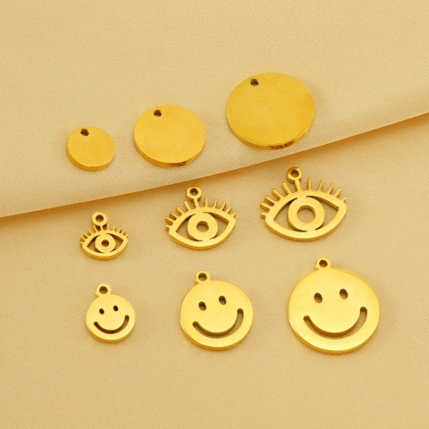 Pendentifs En Acier Inoxydable Charms Visage Souriant Mauvais Œil Disque Rond Accessoires De Fabrication De Bijoux DIY Plaqué Or 18k Minimaliste