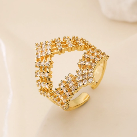 Damen Kupfer 18K Vergoldeter Offener Ring Mit Zirkon Geometrisch Ausgehöhlt Retro Stil Verstellbarer Fingerschmuck