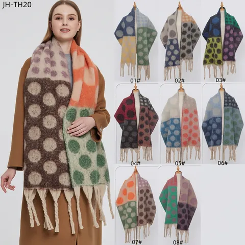 Large Polka Dot Scarf Shawl Thick Warm Winter Wrap Color Block Polyester Jacquard With Long Tassels For Women