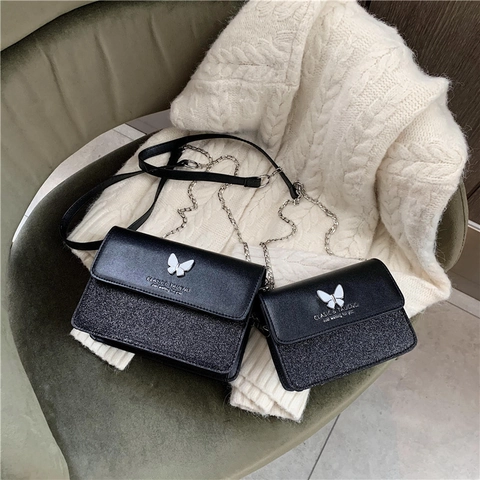 Damen Schultertasche Mit Schmetterlingsschnalle PU Leder Pailletten Kette Strap Elegante Umhängetasche