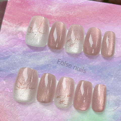 Press On Nagels Cat Eye Effect Bamboepatroon Gradiënt Mauve Roze Kort Doodskistvorm Oosterse Stijl Kunstnagels
