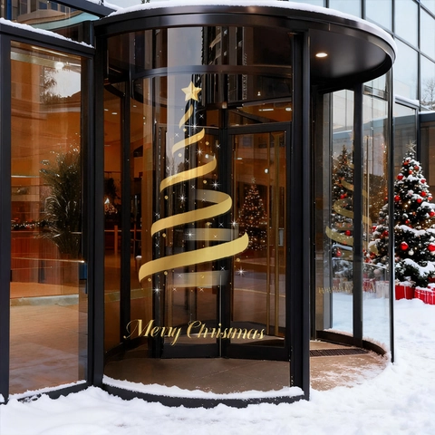 Vetrofanie Albero Di Natale Oro Statiche PVC Per Porte In Vetro Doppia Faccia Merry Christmas Decorazione Festiva