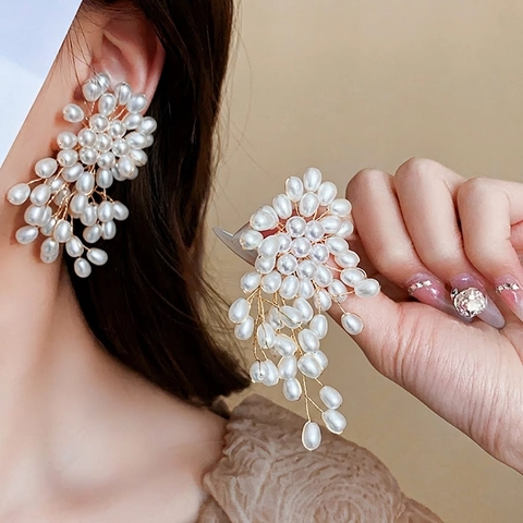 Pendientes De Botón Con Borla De Perla Artificial Y Flor Vintage Con Poste De Plata Joyas De Aleación Para Mujeres