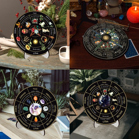 Wooden Wheel Of The Year Wiccan Pagan Calendar Plaque Round Desk Ornament With Stand For Home Altar Mystical Decor Gift