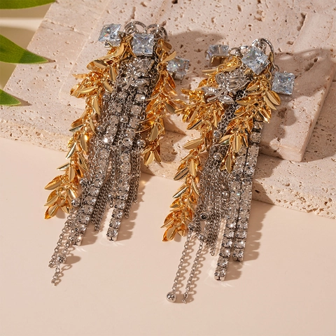Pendientes Largos De Borla Con Hoja De Espiga Aleación Strass Con Poste De Plata Color En Contraste Joyería De Moda Para Mujer