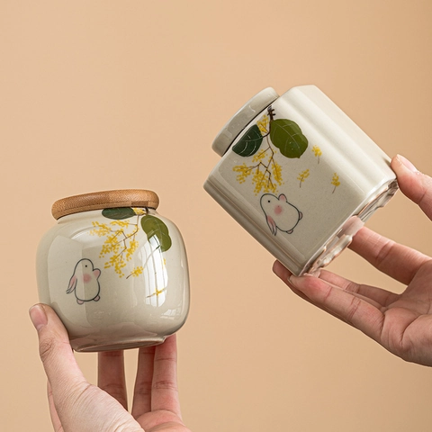 Ceramic Tea Caddy Airtight Storage Jar Hand Painted Rabbit Osmanthus Pattern Moisture Proof Portable Porcelain Container