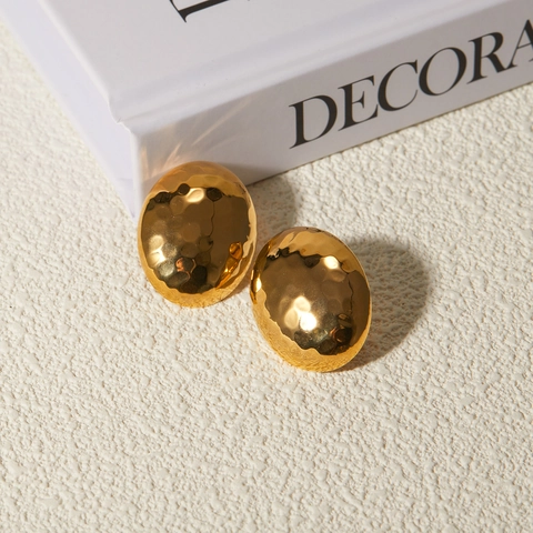 Vintage Stainless Steel Hammered Oval Stud Earrings For Women Gold Electroplated Geometric Fashion Jewelry Accessary Gift