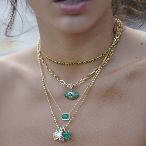 Elegante Collana Pendente In Zircone Placcato Oro Acciaio Inossidabile Catena A Sfere Gioielli Gemma Verde Smeraldo
