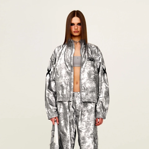 Damen Stehkragen Jacke Metallic Nylon Reißverschluss Oberbekleidung Casual Streetwear Kurzer Mantel Windjacke Mode